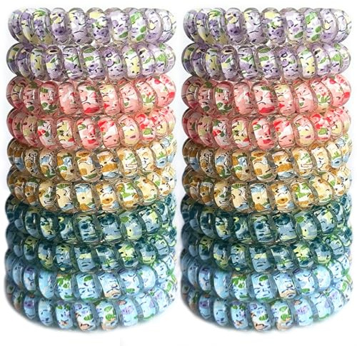 Leenchiry No Crease Spiral Hair Ties 20 Pieces Coil Hair Ties Traceless Phone Cord Hair Tie Elastics Hair Bands Spiral Bracelets Ponytail Holders Colorful Floral Fragments Style (Mixed Color 8)