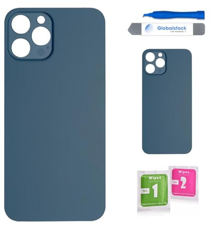 Globalstock Vitre arrière de Cache Batterie Remplacement - Coque Cache Batterie Compatible pour iPhone 12 Pro Max Bleu + adhésif et Kit Outils
