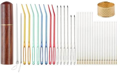 40PCS Sewing Needles Set, Hand Knitting Yarn Needles, Large-Eye Bent Tapestry Needles, One Second Easy Thread Sewing Needles, Needles with Wooden Needle Case & Thimble Rings for Sewing Embroidery