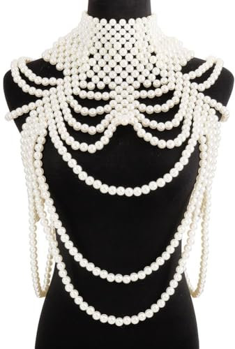 HiyyFloy Perlen-körperkette, Modische Schulter-Halskette, Mehrschichtig, Simulierte Perlenkette, Körperschmuck Für Kostüm, Party, Tanzkleid