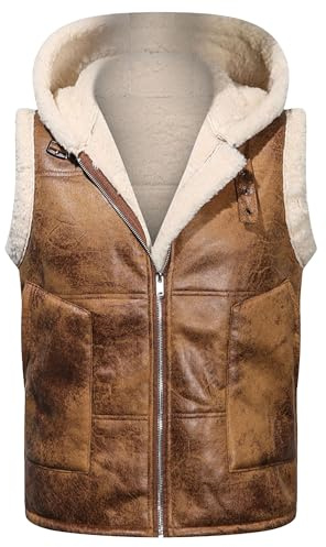 ZDJSWJ Hommes Fourrure Peau de Mouton épais Gilet à Capuche en Cuir Chaud Hiver Gilet Moto Casual Manteau PU Gilet