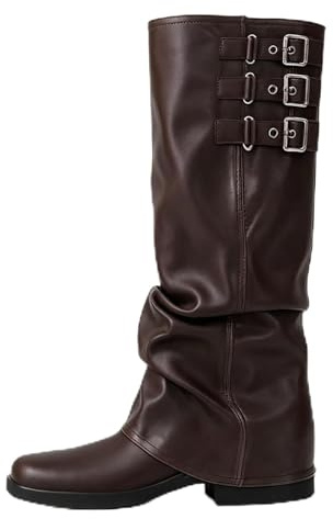 MAVMAX Women Fold Over Knee High Boots Casual Round Toe Coverd Slouched Leather Pull On Wide Calf Chunky Low Heel Platform Boots
