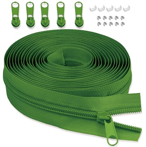 LHZHLE Chiusura lampo continua da 5 mm con cursore: 3,65 m verde erba nylon – al metro con 5 cursori per cucire biancheria da letto e cuscini
