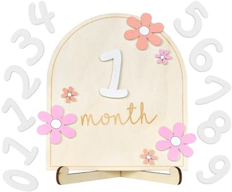 Tarjetas de Hitos Mensuales para Bebe, Tarjetas Mensuales de Madera para Bebés Estilo Flor Letrero con 11 Números, Pegatina de Flores de Doble Cara con Soporte y Puntos Adhesivos, para Baby Shower