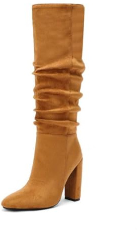 Botas Mujer Holgadas Altas hasta La Rodilla Tacón Grueso Punta Redonda Ante Botines Plantilla Acolchada Noche Fiesta Baile Casual Elegantes Duraderos,Marrón,37.5 EU