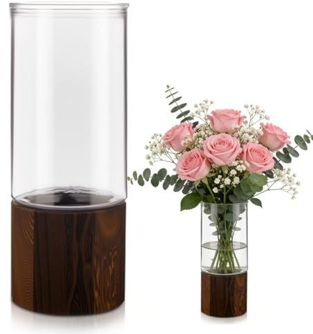 Umllpet Blomvas i glas, modern cylindervas med träbas, blomblomma, växtbehållare för hemmakontor, dekor – premium blomvas, stor, modernt glas, trä