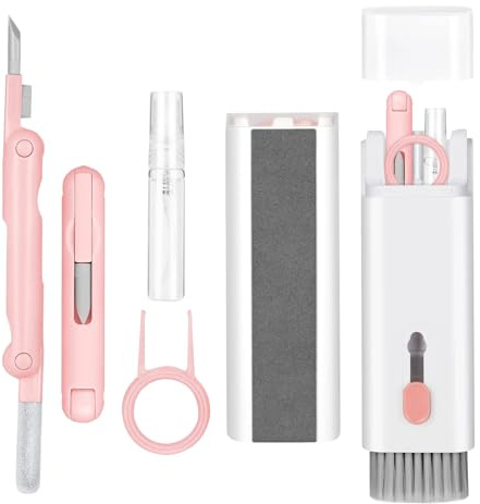 Set di pulizia per tastiera 7 in 1, tutto in un telefono cellulare, laptop, cuffie per AirPods 1/2/3/4/Pro 2/3, telefoni cellulari, fotocamera, iPad, tastiera, auricolari rosa e bianco