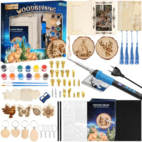 Lot de 92 fers à souder, écran LCD 100 W, température réglable, pyrographie, kit de fer à souder avec 22 pointes à souder, 16 petites plaques en bois, etc. pour les loisirs créatifs et les cadeaux