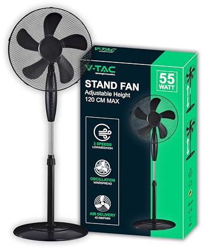 V-TAC Ventilatore a Piantana 55W - SUPER POTENTE Flusso d'Aria - Design Elegante - 3 Velocità - Altezza Regolabile (Max 120cm) - 5 Pale Rotanti - Oscillazione e Inclinazione Regolabili - Bianco