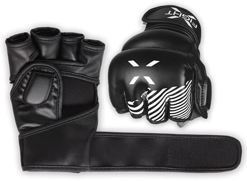 FightX MMA Gloves For Men & Women Training Grip Wristwrap Gloves For Practice Boxing Fingerless Fighting Gloves Gloves For Adult Taekwondo Gloves Lightweight Karate Sparring Gloves (Black/White, L/XL)