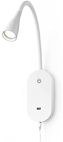 5W Leselampe Wandmontage LED Wandleuchte Mit Touch Schalter Bettleuchten Dimmbar Schwanenhals Lampe, Wand Leseleuchte Mit USB-Ladeanschluss 5V /1A 3000K Warmweiß, Weiß