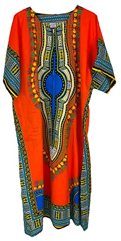 Dam 100 % bomull lång kaftan klänning sommar dashiki afrikanskt tryck en storlek lös baggy stil strandöverdrag, Orange, en storlek