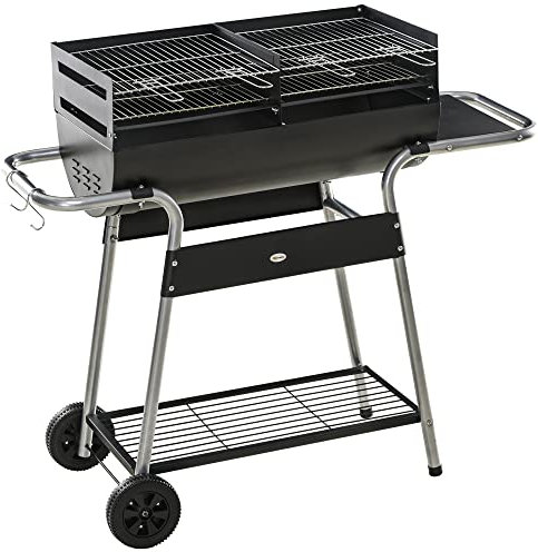 Outsunny Charcoal Barbecue Grill BBQ Trolley with Double Grill, Adjustable Grill Height, Side Table, Storage Shelf, and Wheels for Outdoor Cooking, 130 x 51 x 111cm, Black