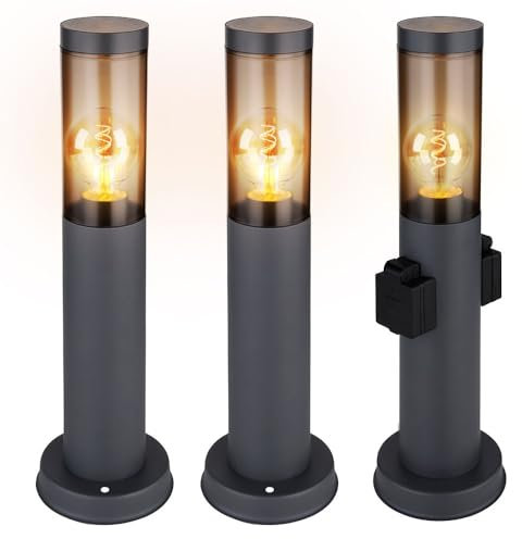 Stehleuchte mit Steckdose anthrazit Sockelleuchte Edelstahl Steckdosensäule mit Licht, rauch, 1x E27 Fassung, DxH 7,6x45 cm, 3er Set
