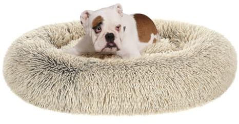 Feandrea Hundebett flauschig, waschbar, Langer Plüsch, 90 cm Durchmesser | Katzenbett, Donut Kissen, Polsterung in der Mitte herausnehmbar, Sommersand, BOBBEE Kollektion PGW041S01