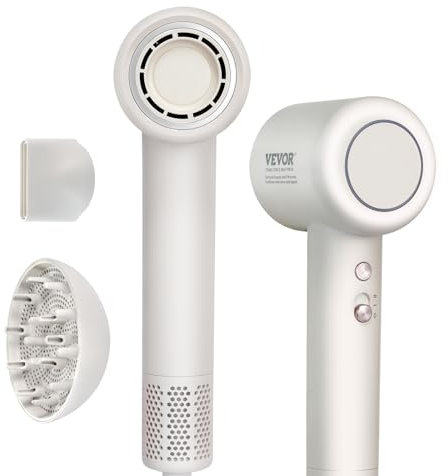 VEVOR Sèche-cheveux haute vitesse avec moteur sans balais 105000 tr/min, 200 millions d'ions négatifs, lumières LED 3 couleurs et 2 vitesses, sèche-cheveux léger avec diffuseur buse pour maison voyage