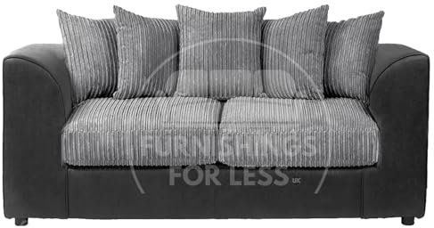 Furnishings For Less UK Luxor Jumbo Cord Sofa Black and Grey, 3 Seater Sofa Large Scatter Back Cushions, Deep-Filled Foam Seating (3 Seater Sofa)