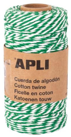 APLI 19842 - Cuerda de algodón bicolor para envolver regalos, hilo verde y blanco ideal para manualidades o decoraciones en Navidad o cualquier celebración, bobina de 100x2mm