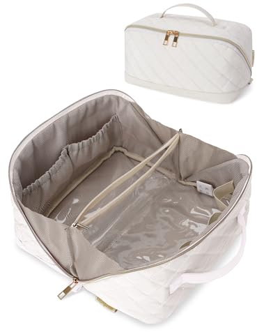 Wandering Nature Travel Makeup Bag,Wide-Open Make up Bag with Large Capacity,Quilted Makeup Organizer Bag, Open Flat Toiletry Bag for Women Cosmetic Pouch with Divider and Handle,Patent Pending,
