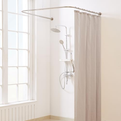 Yampos Bastone Tenda Doccia a Forma di U, [Entrambi i lati: 60 cm - 132 cm, Medio: 76,2 cm - 116,8 cm] Barra Doccia Angolare Regolabile per il Bagno con 12 Ganci e Supporto per Soffitto
