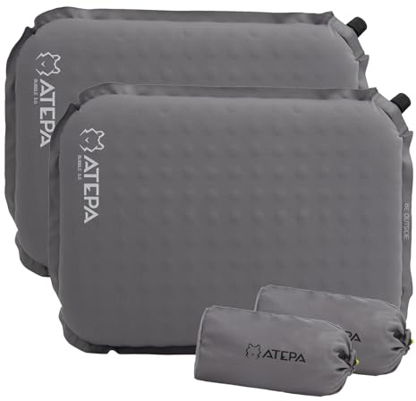 ATEPA Inflatable Seat Cushion, Self-Inflating Foam Air Blow up Cushion to Sit on for Travel Airplane Stadium Camping Backpacking Boating Concert, 2 Pack Grey