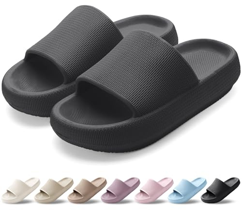 VAVOBIS Sliders Cloud Slippers Women Men Lightweight Slippers Cloud Sliders Non-Slip Flip Flops with Thick Sole for Bathroom Pool Beach House Waterproof Indoor/Outdoor，Black，6-7 UK