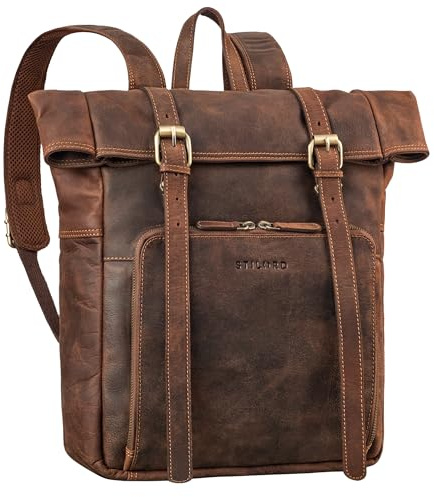 STILORD Celio läder rulltopp ryggsäck kvinnor och män – vintage rullryggsäck stor laptopryggsäck 15,6–16 tum – snyggt äkta läder cykelryggsäck för kontor och fretime, Veleta – brun, XL