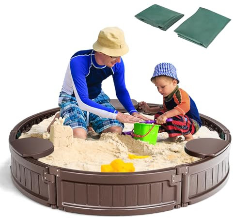 SOARS Bac à Sable Enfant Exterieur, Bac à Sable Rond avec Couvercle, 3 Sièges en Forme d'angle et Revêtement du Fond, Jeux Exterieur Enfant 3 Ans +, 120 X 21 CM, pour Cour Arrière, Plage, Jardin