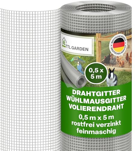 TTL GARDEN 50cm x 5m Drahtgitter feinmaschig rostfrei verzinkt 6,3mm Masche 0,55 mm Draht Stärke - auf Rolle Maschendraht Volierendraht Hasendraht Wühlmausgitter 5m x 0,5m breit 6,3 mm Maschenweite