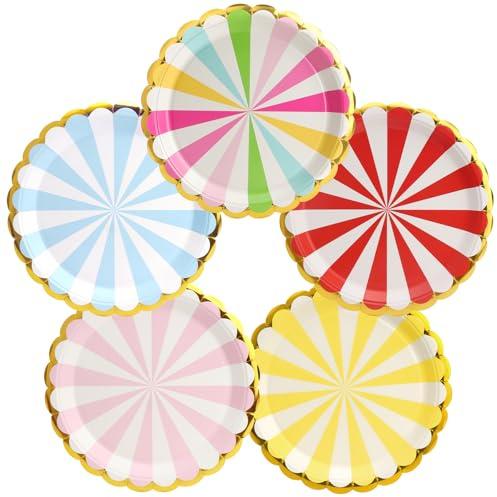 PARTY GO Piatti Carta Multi Strisce 50 Pezzi 23cm, Stoviglie per Feste usa e Getta Eleganti per Compleanno, Nuziale Doccia, Fidanzamento, Matrimonio