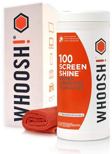 WHOOSH! Screen Shine 100 Count Touch Screen Cleaner Wipes for Car, OLED, TV, Eyeglasses, Laptop – Lint-Free, Non-Abrasive Wipes – Streak-Free Finish – Non-Toxic & Odorless – Microfiber Cloth Included
