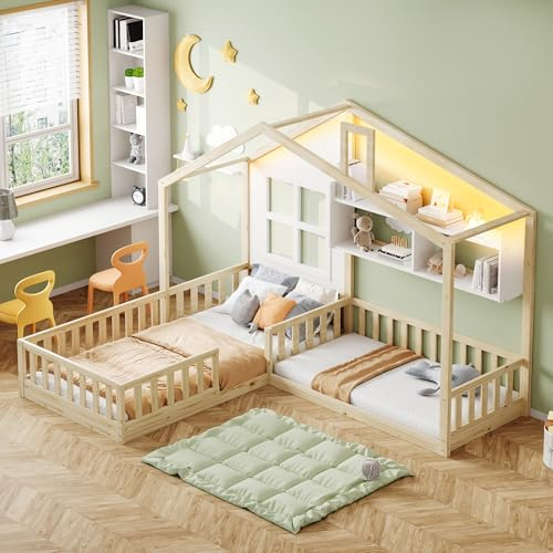 Letto Casetta per Bambini 90x200 (140x70 cm) con luminosa a LED, Testiera Contenitore, Montessori Letto a Terra con Rete a doghe, Struttura letto in Legno Massiccio, letto Piazza e Mezza per Bambini