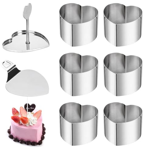 Eulihent 6 Pezzi Coppapasta Forma di Cuore, 3 Pollici Coppa Pasta di Acciaio in Acciaio Inossidabile, con Sollevatore e Pressino, Mini Anelli per Torte Senza Cuciture per Cottura e Dolci