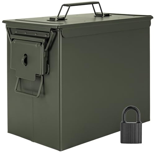 Trucky Caja de munición con candado 33 x 19 x 28 cm, caja de metal, caja de munición con tapa, color verde militar