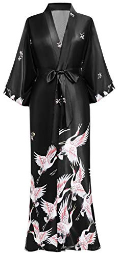 Prodesign - Kimono da donna con gru stampate, lunghezza maxi, da spiaggia e da sposa per l’addio al nubilato, per le feste, Nero , Taglia unica
