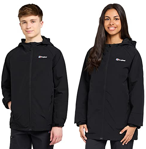 Berghaus Kids' Bowood Waterproof Jacket with Adjustable Hood & Cuffs & 2 Zipped Pockets, Windproof & Breathable Raincoat for Boys & Girls (UK, Age, 9 Years, 10 Years, Regular, Black)