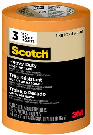 Scotch Heavy Duty Painter's Tape, 3 Rolls, 1.88 in x 60.1 yd, for Use On Vinyl, Carpet, Metal, & Plastic, Indoor & Outdoor Masking Tape, Bonds Aggressively, 3-Day Clean Removal (2020+-48EP3)