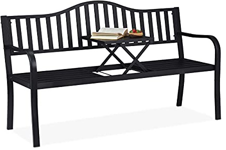 relaxdays Banc de Jardin avec Table Pliante, 3 Places, Solide, Jardin, métal, Balcon, HLP: 89 x 150 x 58,5 cm, Noir