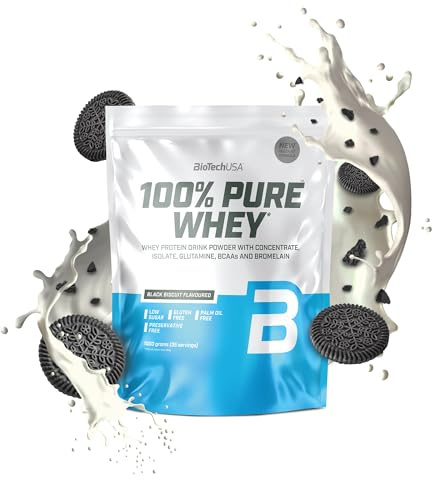 BioTechUSA 100% Pure Whey | Proteine in polvere con BCAA e glutammina | Senza glutine, senza olio di palma | 21g di proteine per porzione, 1 kg, Black Biscuit