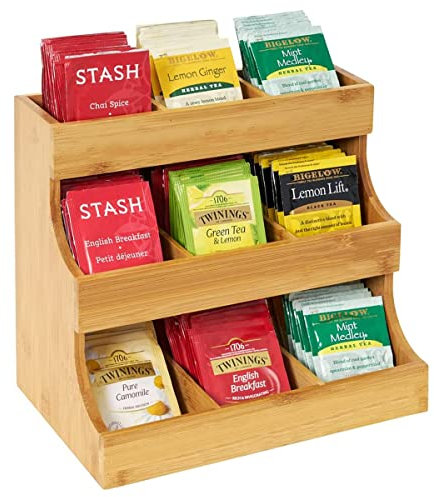 uyoyous 3 Etagen Teebox Bambus, Teebeutelorganizer mit 9 Fächer, Teebeutel Aufbewahrung für Losen Tee, Teepackungen, Kaffee und Zucker, Teebeutelhalter Teeregal für Haushalte Büros Cafés Teehäuser
