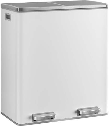 EVRE 60 L Kitchen Waste Rubbish Recycling Soft Close Bin 2 x 30 Litre Double Compartment Separation with Removable Plastic Buckets, Odour Seal, Smudge & Fingerprint Resistant (White)