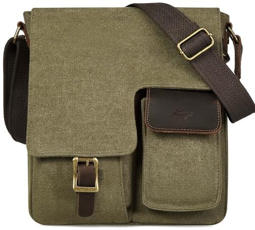 Kasgo Umhängetasche Damen, Wasserabweisend Vintage Segeltuch Herrentasche Schultertasche Klassische Kuriertasche Crossbody für Arbeit Schule Reisen Grün