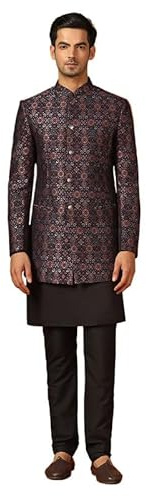 KISAH Kurta Indo Western Jodhpuri Bandhgala - Set di pantaloni da uomo, in jacquard nero, design intrecciato, vestibilità normale, colletto mandarino, maniche lunghe, Nero , 44