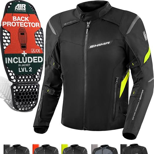 SHIMA RUSH Giacca Moto Uomo con Protezioni 4 Stagioni | AIRFORCE Paraschiena | Giacchetta da Moto Impermeabile Estiva Tuta Pantaloni Touring (Neon, Uomo, Giubbotto, Taglia M)