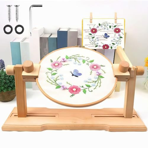 Soporte de aro de bordado ajustable giratorio para marco de bordado, rotación de 360°, soporte de punto de cruz, soporte de madera de haya, soporte de marco de bordado manos libres para manualidades