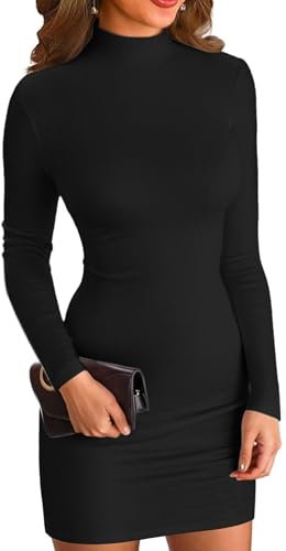 ELFIN Damen Bodycon Kleid Rollkragen Langarm Minikleid Geripptes Enges Basic Kleid Einfarbig Herbst Pullover Kleider Freizeitkleid (L, Schwarz)