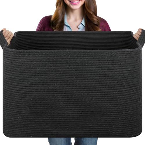 OIASKET 108L Extra Large Blanket Basket, 24.8 x 16.2 x 16.2 Rectangle Woven Storage Baskets for Living Room, Nursery, Bedroom, Toy Basket with Handle (Black)