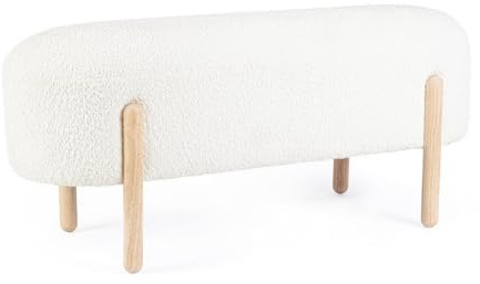 KONTE.DESIGN Panca DAYLA in tessuto effetto bouclé bianco e gambe in legno rubber wood