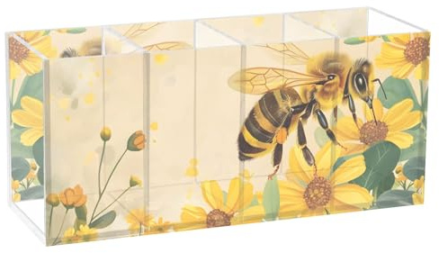 Makeup Brush Organizer Pencil Holder Pen Organizer Clear for Desk Honey Bee Flowers Cosmetic Brushes Stationery Storage
