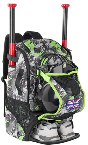 POWER KING 45L Youth Baseball Bat Bag, Large Capacity Backpack for Baseball, T-Ball & Softball Equipment & Gear with Shoe Compartment | Fence Hook | Helmet Holder (Green)